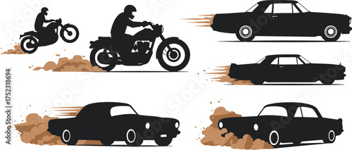 High speed vehicle silhouettes with dust trails, motorcycle stunts, classic cars in motion, dynamic transport scene, flat vector illustration