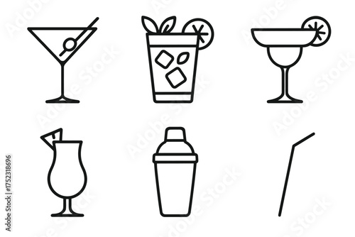 Assorted cocktail icons: martini, mojito, margarita, tropical drink, shaker, straw