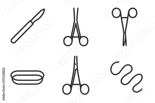 Set of surgical tools: scalpel, forceps, scissors, needle holder, retractor, suture