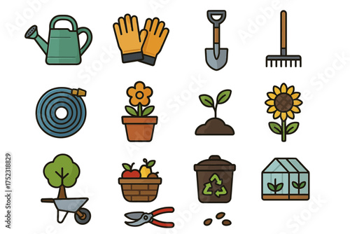 Colorful gardening tools and symbols: watering can, gloves, shovel, and more