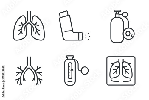 Lung health icons: inhaler, oxygen tank, bronchial tubes, spirometer, x-ray