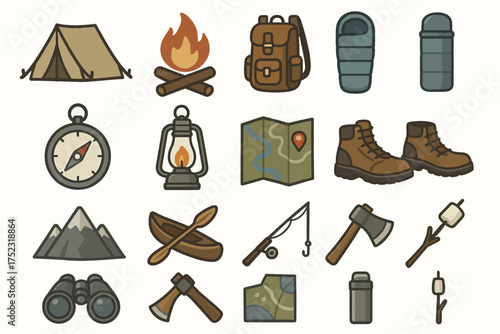 Camping gear icons: tent, backpack, campfire, boots, and more for outdoor adventures