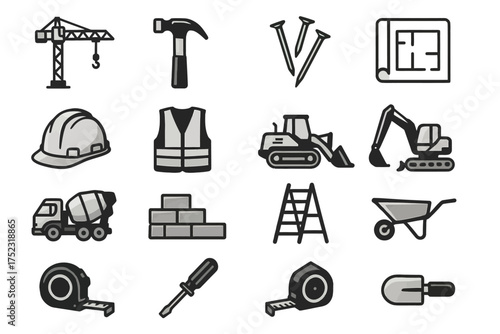 Construction tools and equipment icons: heavy machinery, safety gear, tools, and vehicles