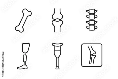Orthopedic line icons: bone, joint, spine, prosthetic leg, crutch, knee