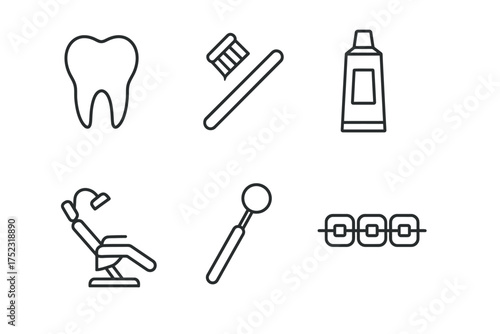 Dental care icons: tooth, toothbrush, toothpaste, chair, mirror, braces