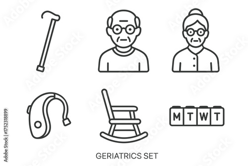 Geriatrics set: elderly care icons with caucasian elderly male and female