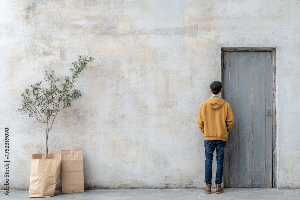 Fototapeta premium Happy customer receiving food delivery at home door