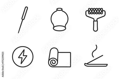 Minimalist line icons: needle, vase, roller, bolt, mat, incense