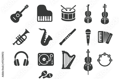 Musical instrument icons: guitar, piano, drums, violin, trumpet, saxophone, microphone, headphones