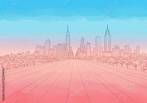 Illustrated Skyline with Watercolor Gradient Sky and Road.