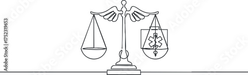 Illustration of the scales of justice balanced with a medical symbol representing law and healthcare.