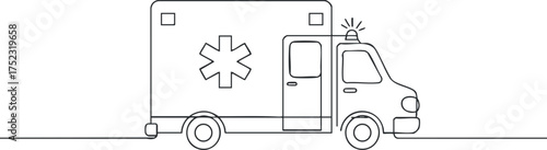 Line art illustration of an ambulance vehicle with emergency lights and symbols.