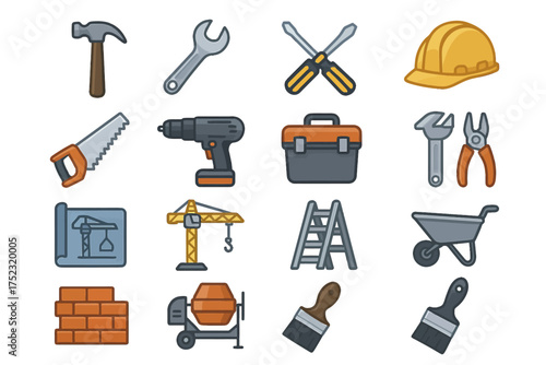 Construction tools icons set featuring hammer drill saw crane