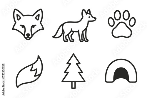 Fox icons set: head, silhouette, paw print, tail, tree, den in line art