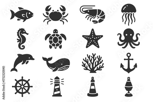 Collection of marine creature icons including fish, crab, and coral