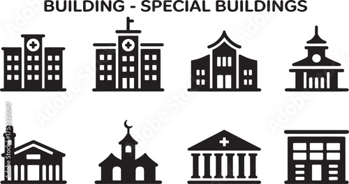 Collection of Iconographic Representations of Various Special Building Types Illustrating Diverse Architectural Styles and Functions