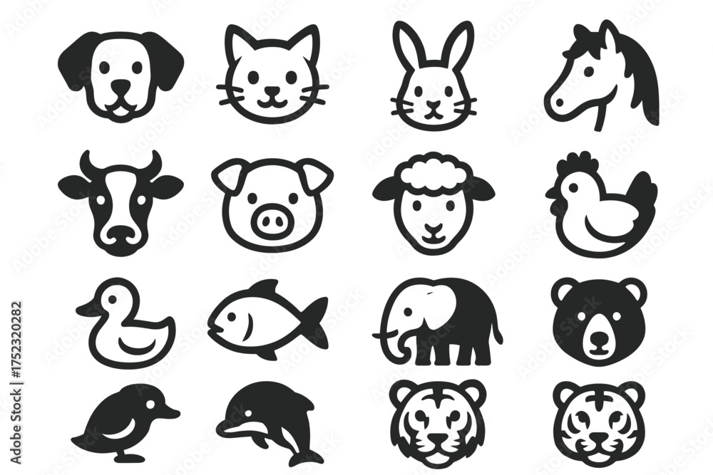 Obraz premium Set of cute animal icons featuring dog, cat, rabbit, horse, farm, and wild animals