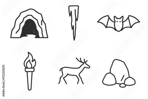 Stone age icons: cave, stalactite, bat, torch, deer, rock symbols