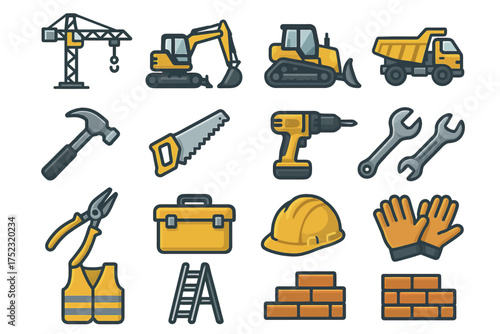 Construction equipment icons: crane, excavator, bulldozer, safety gear, tools