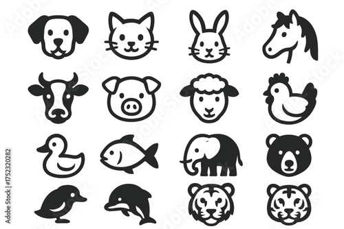 Set of cute animal icons featuring dog, cat, rabbit, horse, farm, and wild animals