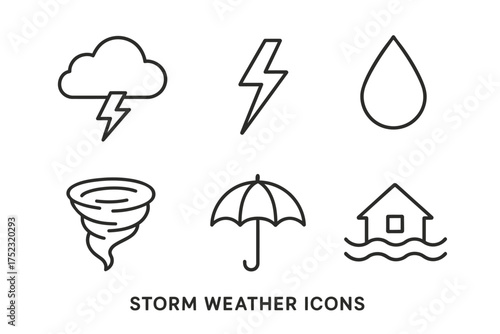 Storm weather icons: cloud, lightning, raindrop, tornado, umbrella, flooded house
