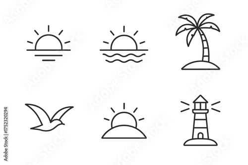 Minimalistic coastal icons: sunset, palm tree, seagull, lighthouse