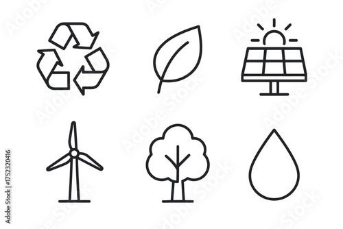 Eco icons: recycle, leaf, solar, wind, tree, water