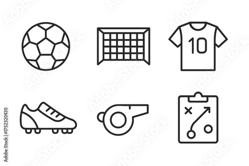 Soccer elements: ball, goal, jersey, cleat, whistle, strategy board icons