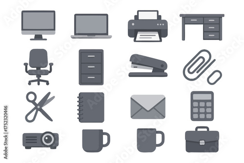 Office supplies icons: computer, laptop, printer, desk, chair, file cabinet, stapler, stationery