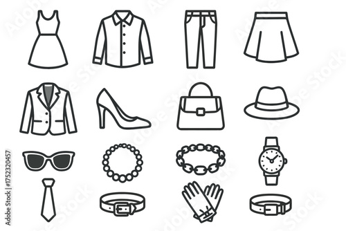 Fashion icons collection featuring clothing and accessories outlines