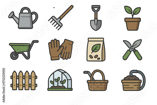 Gardening tools and supplies icons set with plants and equipment illustrations