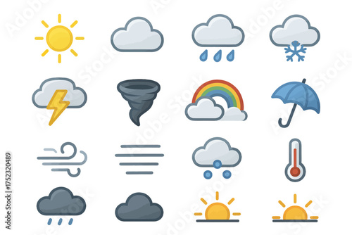 Weather icons: sun, clouds, rain, snow, tornado, rainbow, lightning, wind, thermometer