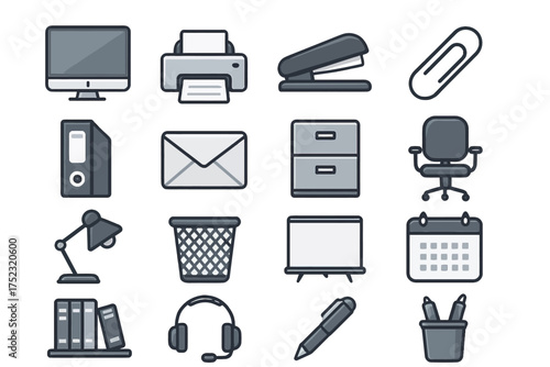 Essential office supplies icons: computer, printer, stapler, chair, binder, and more