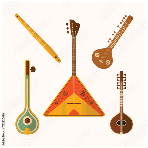 A set of flat vector illustrations of classic and ethnic musical instruments.