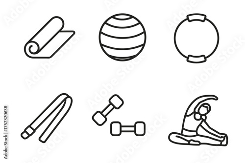 Exercise equipment outline illustrations: yoga mat, ball, disc, rope, dumbbells, stretching figure