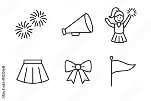 Cheerleading icons: cheerleader, megaphone, fireworks, bow, skirt, flag