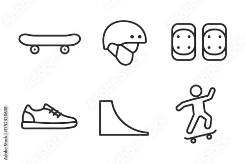 Skateboarding icons: skateboard, helmet, pads, shoe, ramp, skater outline