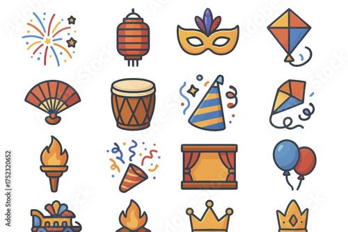 Festive icons: fireworks, lanterns, masks, and more celebratory symbols
