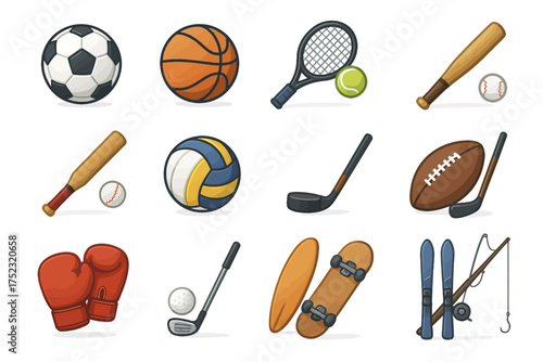 Collection of sports equipment featuring balls, bat, racket, and more