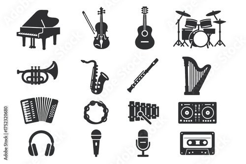 Musical instruments icons collection: piano, violin, guitar, drums, saxophone, microphone