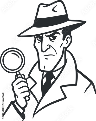 A vintage style detective holding a magnifying glass, symbolizing investigation and mystery.