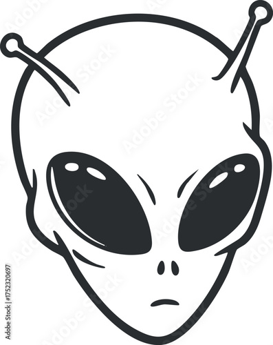 A stylized cartoon alien head with large eyes and antennas in black and white.