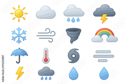 Weather icons: sun, cloud, rain, storm, rainbow, snowflake, wind, tornado, thermometer, hurricane