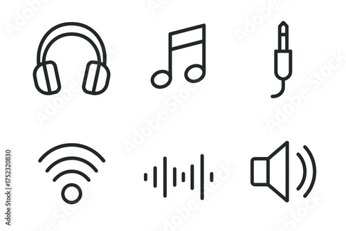 Minimalist music and audio icon set: headphones, notes, jack, wifi, soundwave, speaker