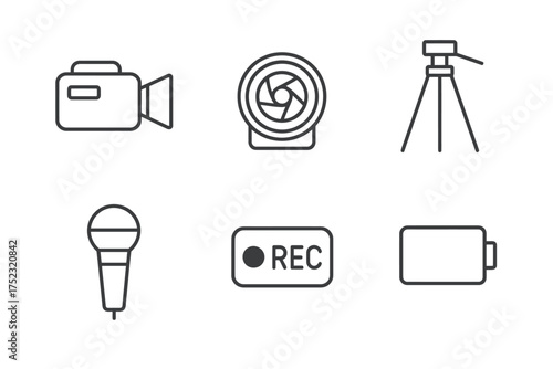 Outline icons of video equipment: camera, lens, tripod, microphone, rec button, battery