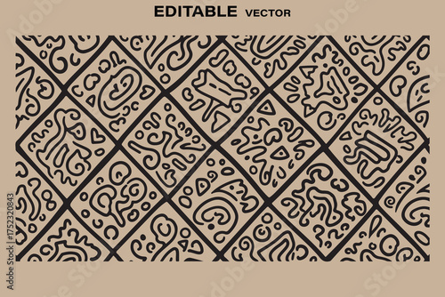 Intricate geometric pattern with abstract tribal motifs in black and tan