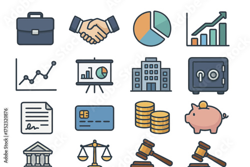 Business and finance icon set featuring charts, handshake, safe, piggy bank, and legal elements