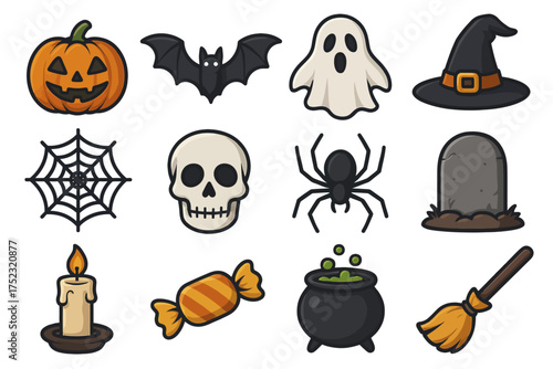 Halloween icons: pumpkin, bat, ghost, witch hat, skull, spider, and more