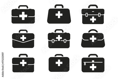 Set of nine medical first aid kit icon designs in black and white