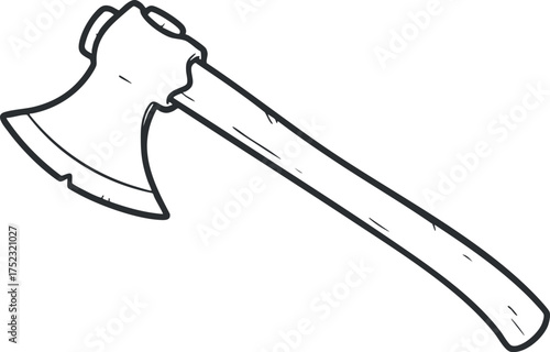 A simple illustration of a traditional axe with a wooden handle and sharp blade.